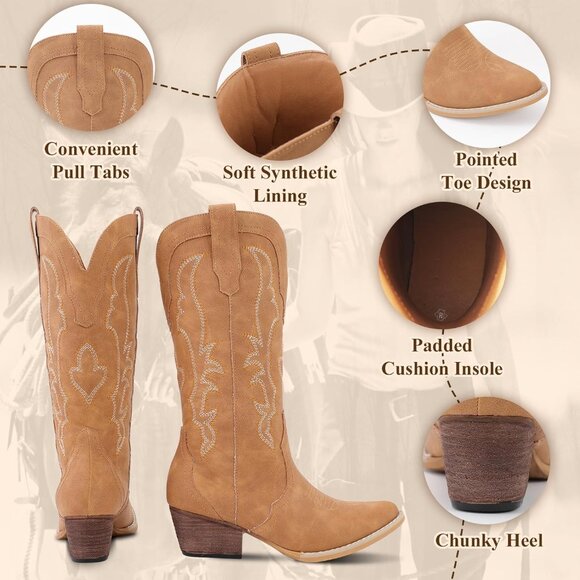 Women's Dark Brown Cowgirl Boot Classic Pointy Toe With Comfortable Chunky Heel - Picture 2 of 5